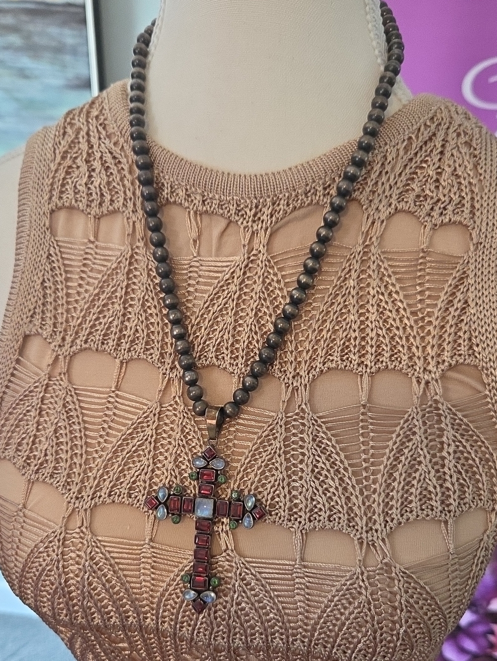 Brighton Brown Beaded Oxidized Sterling Silver  Cross Pendant Crystal Accents